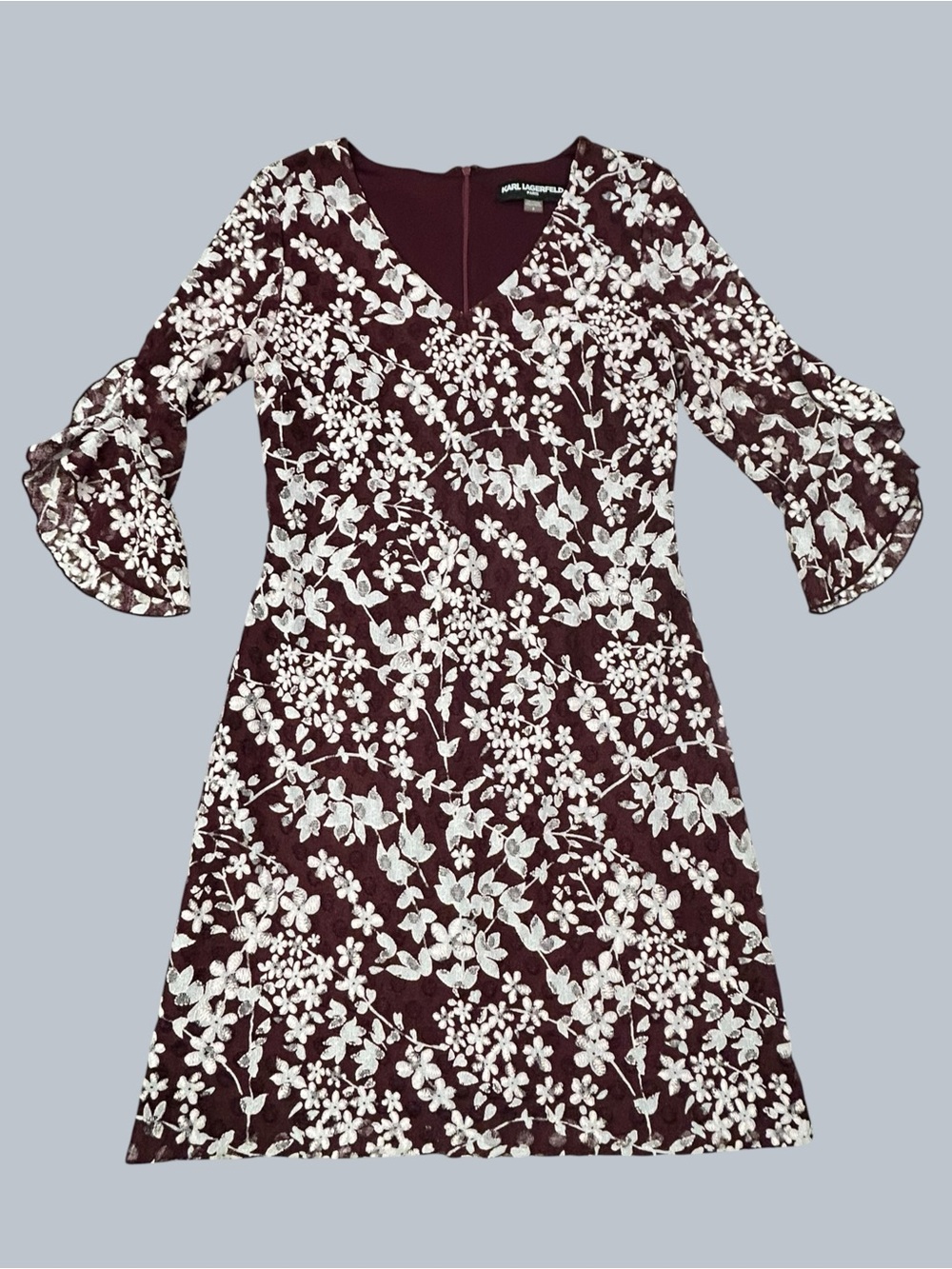 Karl Lagerfeld Burgundy White Pink Floral V-Neck Dress Flare Sleeve 6 Mini Poly